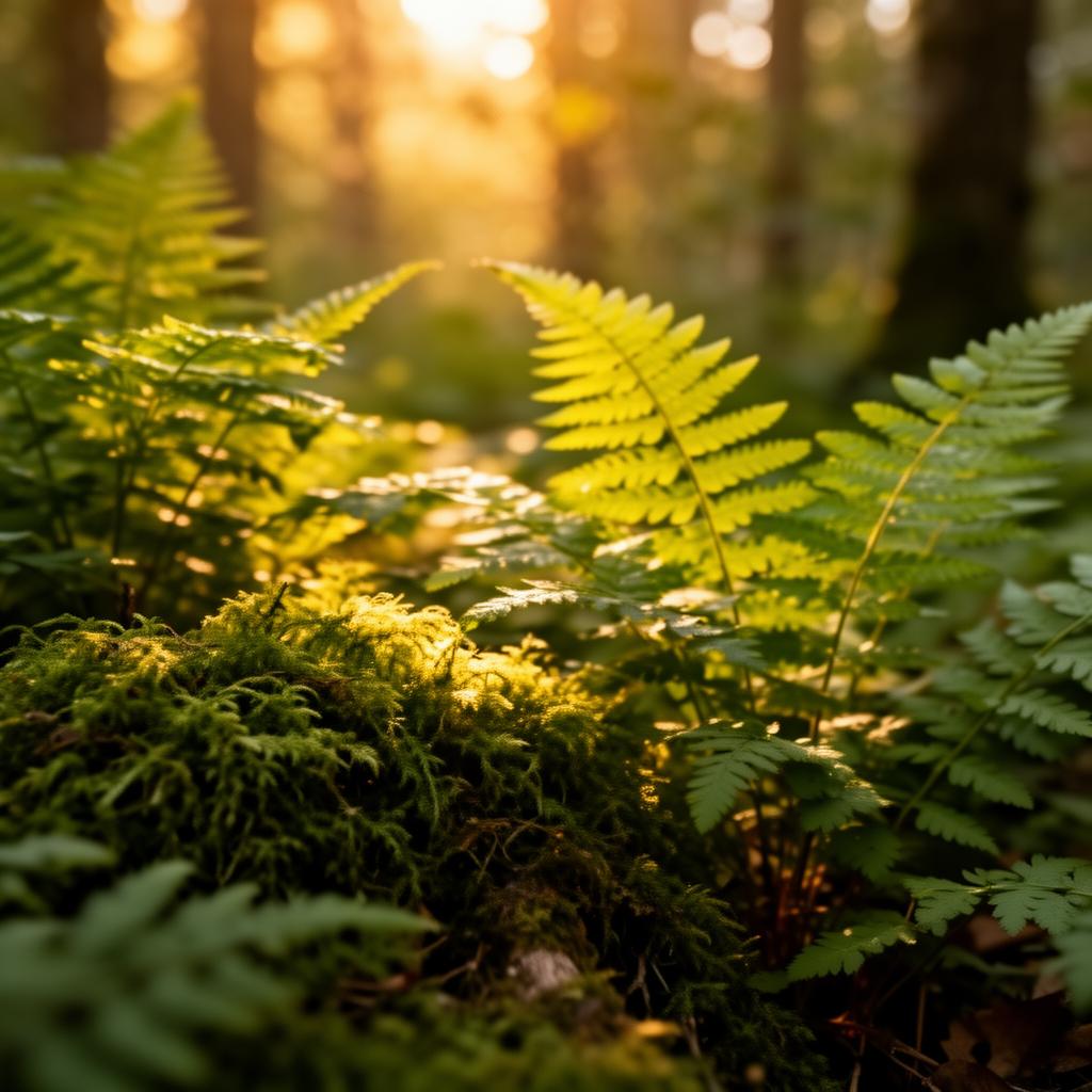 Sunlit ferns and moss on a forest floor